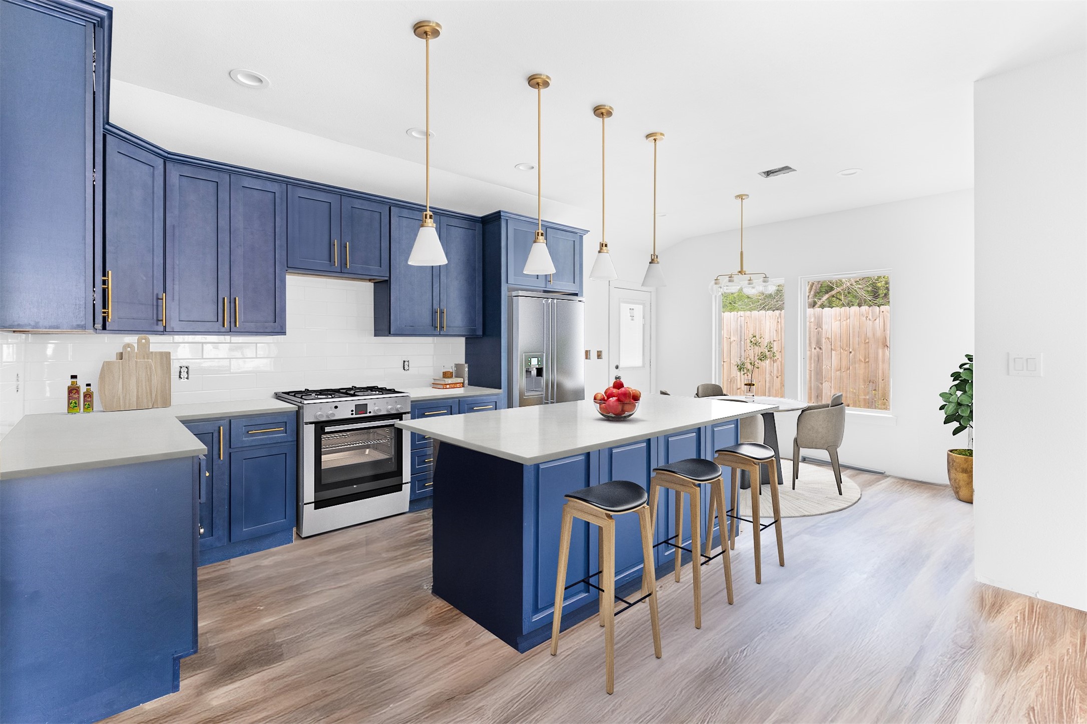 This virtually staged kitchen dazzles with stainless steel appliances, a spacious island, and soft close cabinets.  Enjoy your large island for breakfast and also space for large dining table with lots of natural light.  Virtually Staged