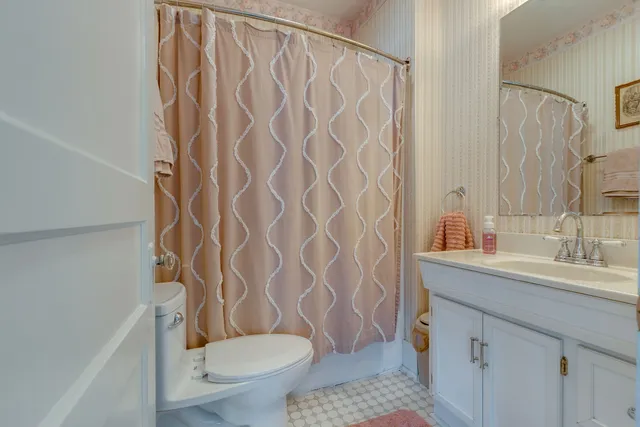 a bathroom with a sink a toilet and shower curtain