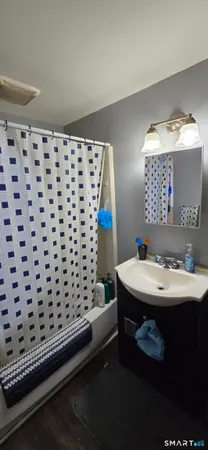 a bathroom with a sink a mirror and a shower