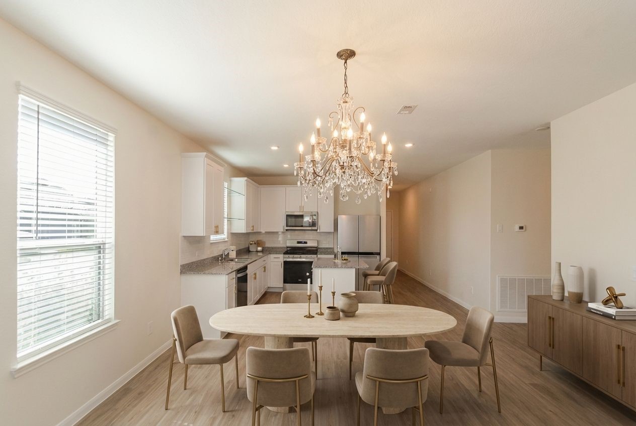 23502 Glenbuck St Spring Spring, TX 77373 - Photo 16 of 50 This virtually staged image showcases a bright, open-concept kitchen and dining area, elegantly designed with modern furnishings and a sparkling chandelier, perfect for stylish entertaining.