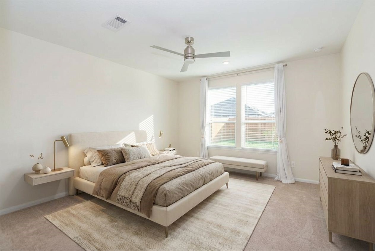 23502 Glenbuck St Spring Spring, TX 77373 - Photo 25 of 50 Experience serene elegance in this virtually staged bedroom, featuring soft, neutral tones, sleek modern furniture, and abundant natural light for a truly inviting retreat.