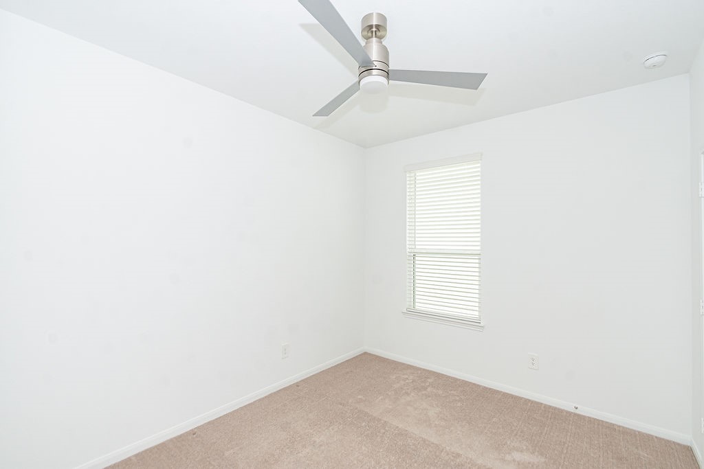 23502 Glenbuck St Spring Spring, TX 77373 - Photo 41 of 50 This room features neutral walls and carpet, a ceiling fan, and a window with blinds, offering a bright and modern space.