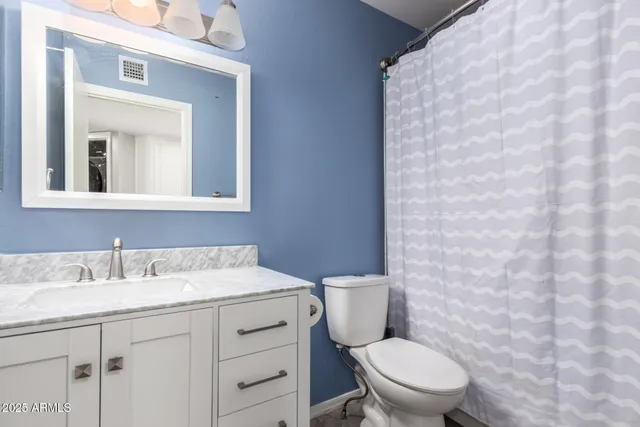 a bathroom with a toilet sink vanity and mirror