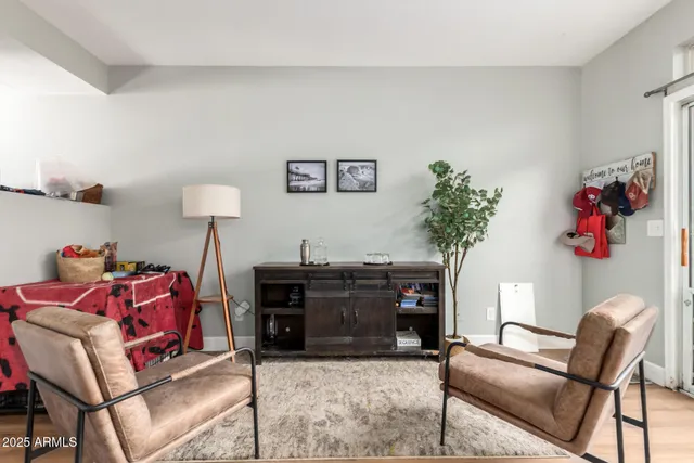 a living room with furniture a couch and a potted plant