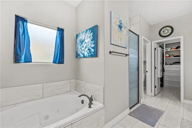 a bathroom with a bathtub and a shower