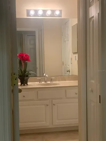 a bathroom with a sink and a mirror