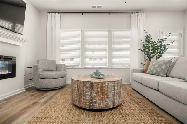 a living room with furniture and a potted plant