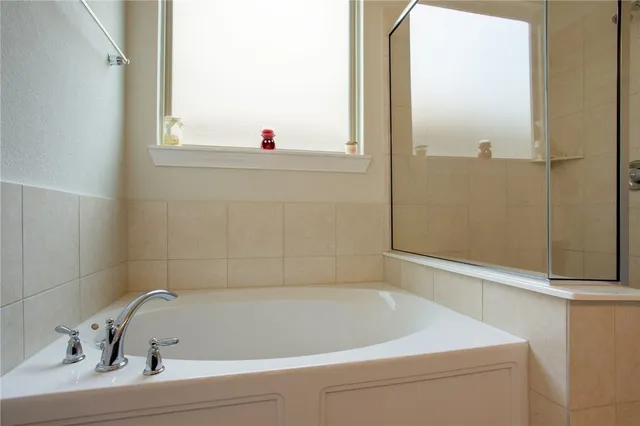 a bathroom with a bathtub and a shower