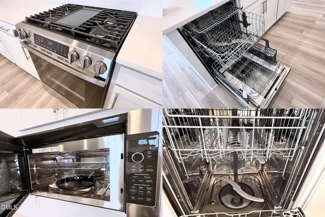 a kitchen with a stove and a microwave