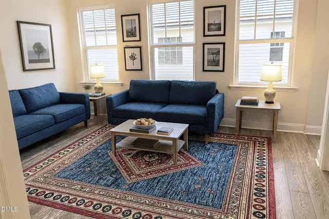 a living room with furniture and a rug