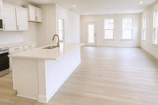 a kitchen with a sink cabinets and wooden floor