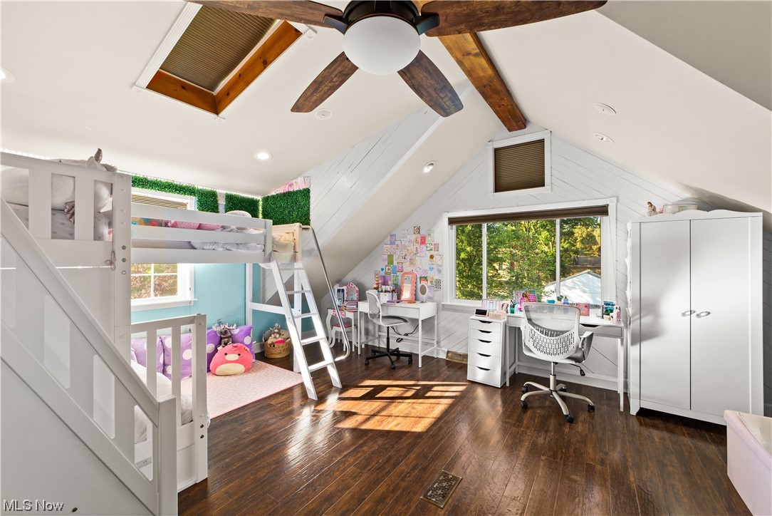 482 Trebisky Road Cleveland, OH 44143 - Photo 16 of 35 Bedroom featuring dark hardwood flooring, ceiling fan, and lofted ceiling with beams