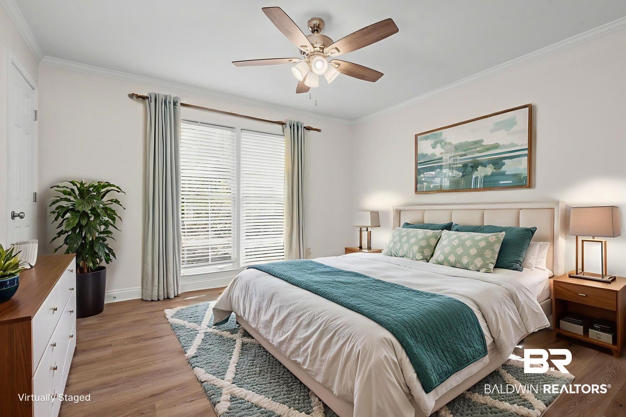 814 Nassau Drive Mobile, AL 36608 - Photo 26 of 44 Bedroom featuring light wood-style flooring, a ceiling fan, and crown molding. AI Generated.