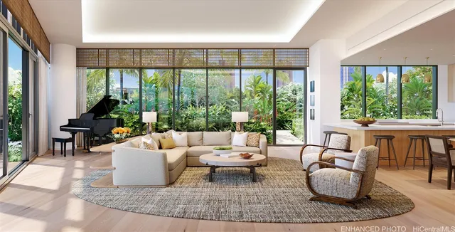 a living room with furniture and a large window