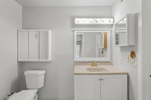 a bathroom with a sink a toilet and mirror