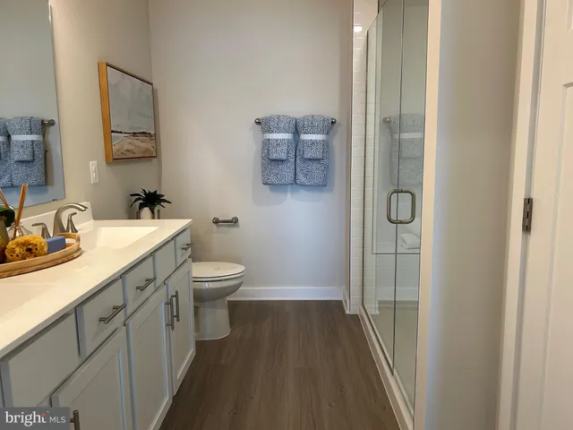 a bathroom with a double vanity sink toilet and shower