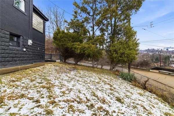 a view of a backyard with a tree