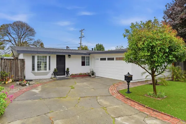 a view of a house with backyard and a tree