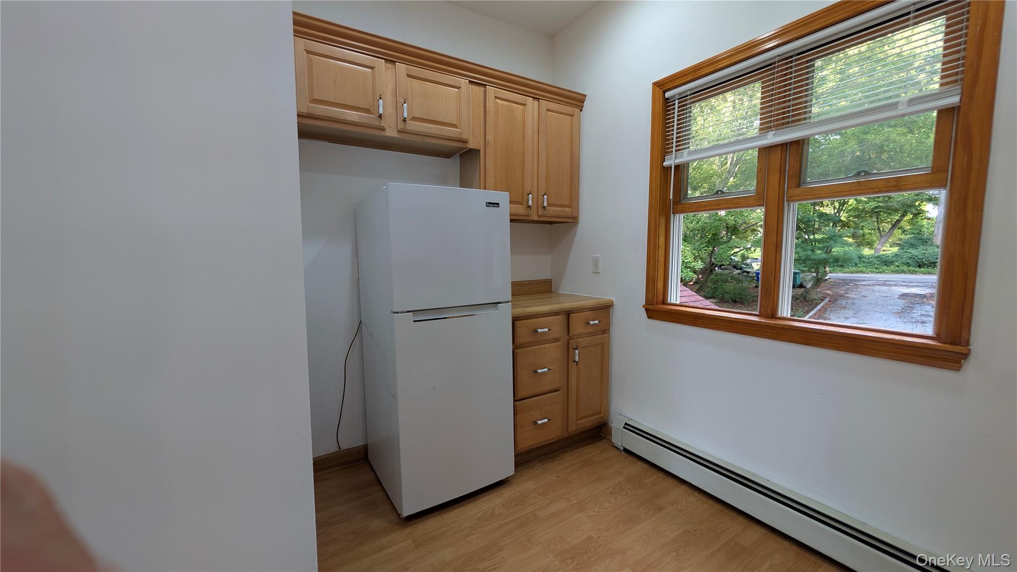 169 Shear Hill Road Mahopac, NY 10541 - Photo 16 of 31 Kitchen with a baseboard radiator, freestanding refrigerator, light wood finished floors, and light countertops