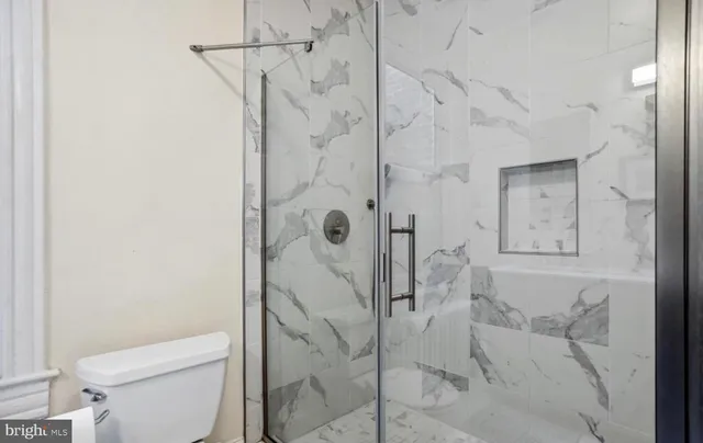 a bathroom with a shower and toilet