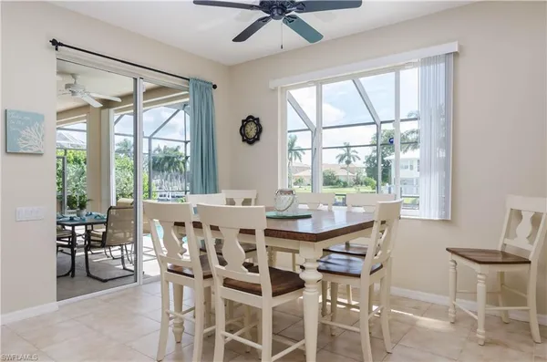 a view of a dining room with furniture window and outside view
