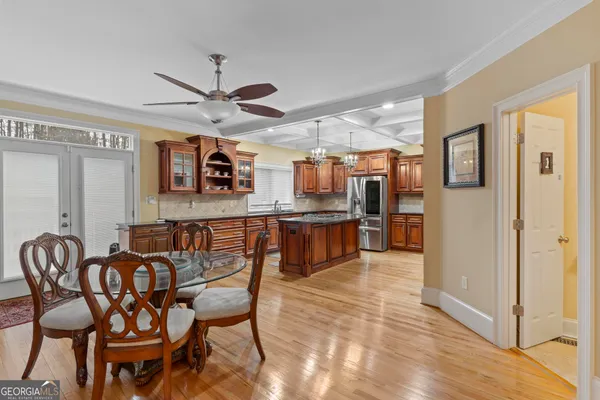 a view of a dining room with furniture