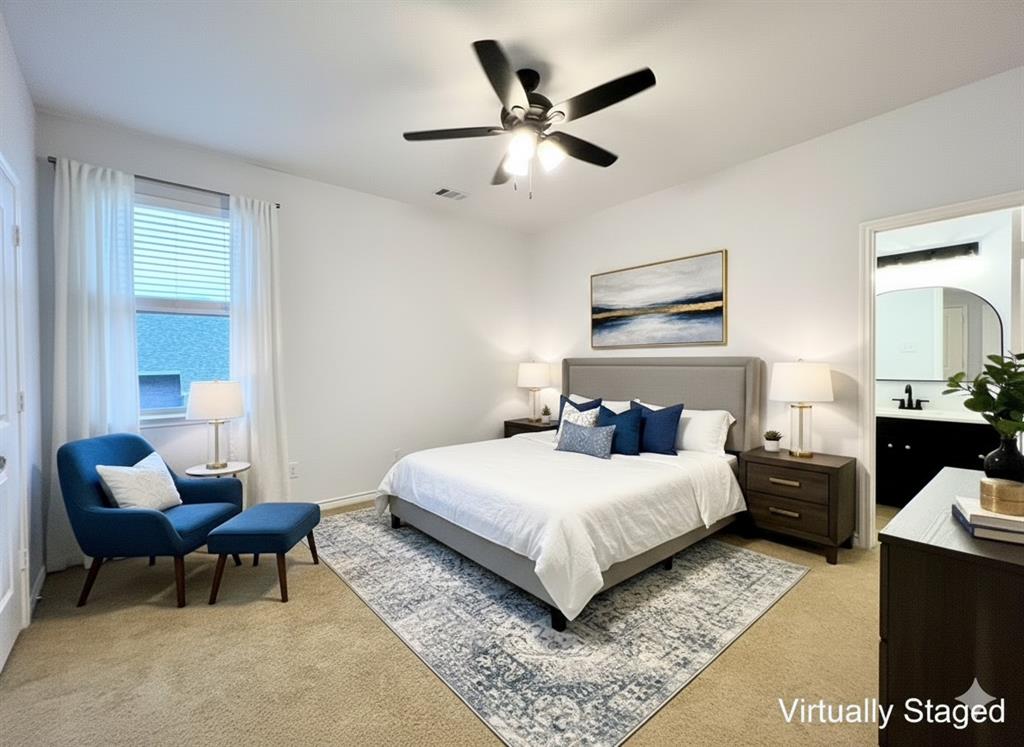 1902 Downing Street Allen, TX 75013 - Photo 11 of 19 Bedroom with light colored carpet and a ceiling fan