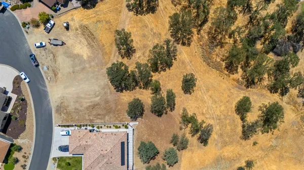 an aerial view of residential houses with outdoor space and trees