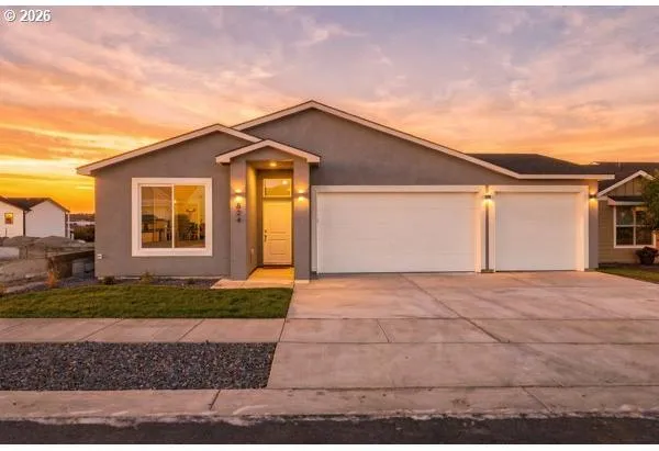 a front view of a house with garage