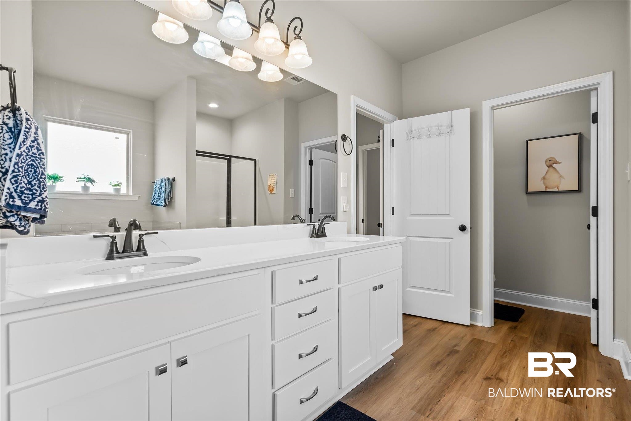 1116 Stella Road Foley, AL 36535 - Photo 15 of 29 Bathroom featuring a shower with shower door, vanity, and wood-type flooring