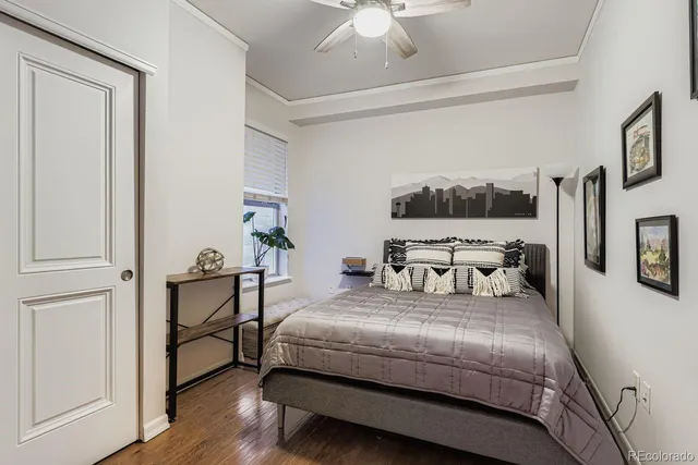 a bedroom with a bed a mirror and a potted plant on the dresser