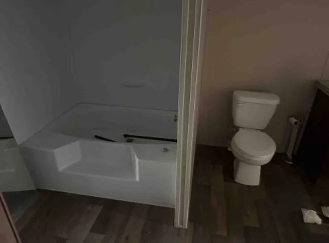 a bathroom with a toilet and a rug