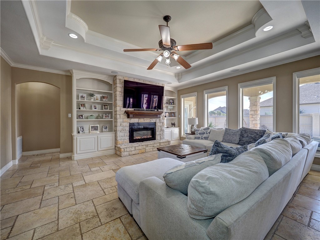 Stone fireplace with electric decorative fireplace