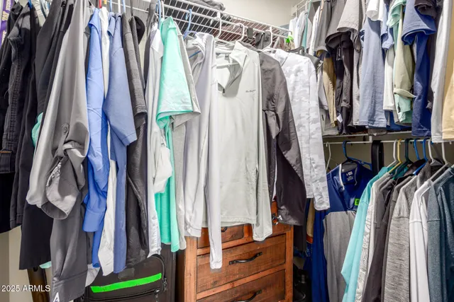 a view of walk in closet with clothes and shoes