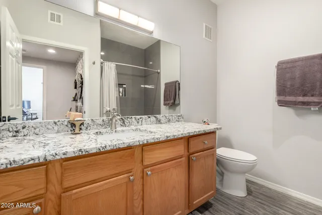a bathroom with a granite countertop sink a toilet and a mirror
