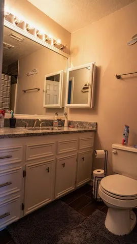 a bathroom with a granite countertop toilet sink and mirror