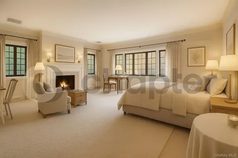 a living room with furniture fireplace and a large window