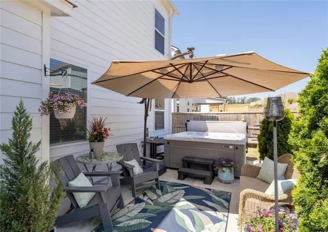 a outdoor space with lots of tables and chairs