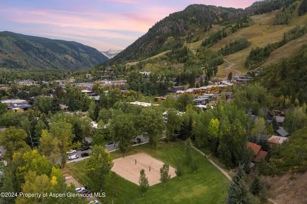 an aerial view of residential houses with outdoor space and trees