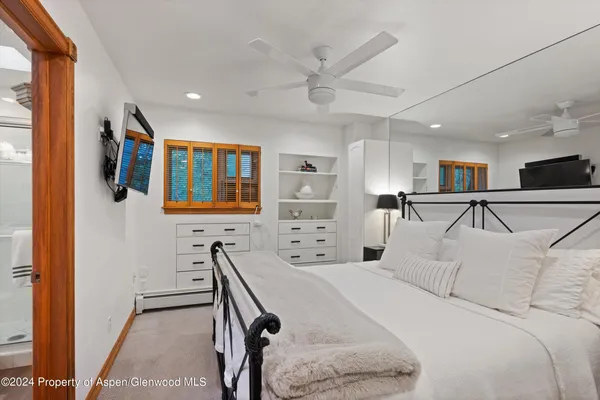 a bed room with a bed and a television