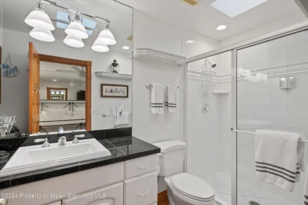 a bathroom with a sink a toilet and shower