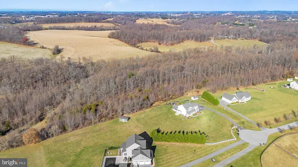 an aerial view of residential houses with outdoor space and trees