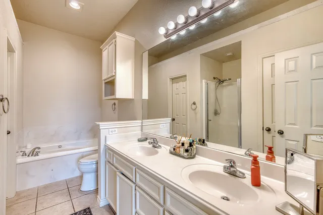a en suite bathroom with a double vanity sink a mirror and a shower