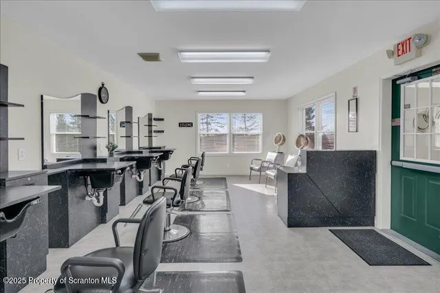 a view of a dining room with furniture