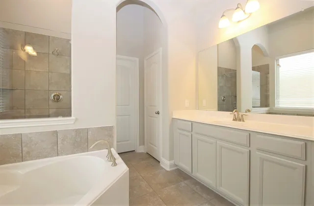 a bathroom with a tub sink and mirror
