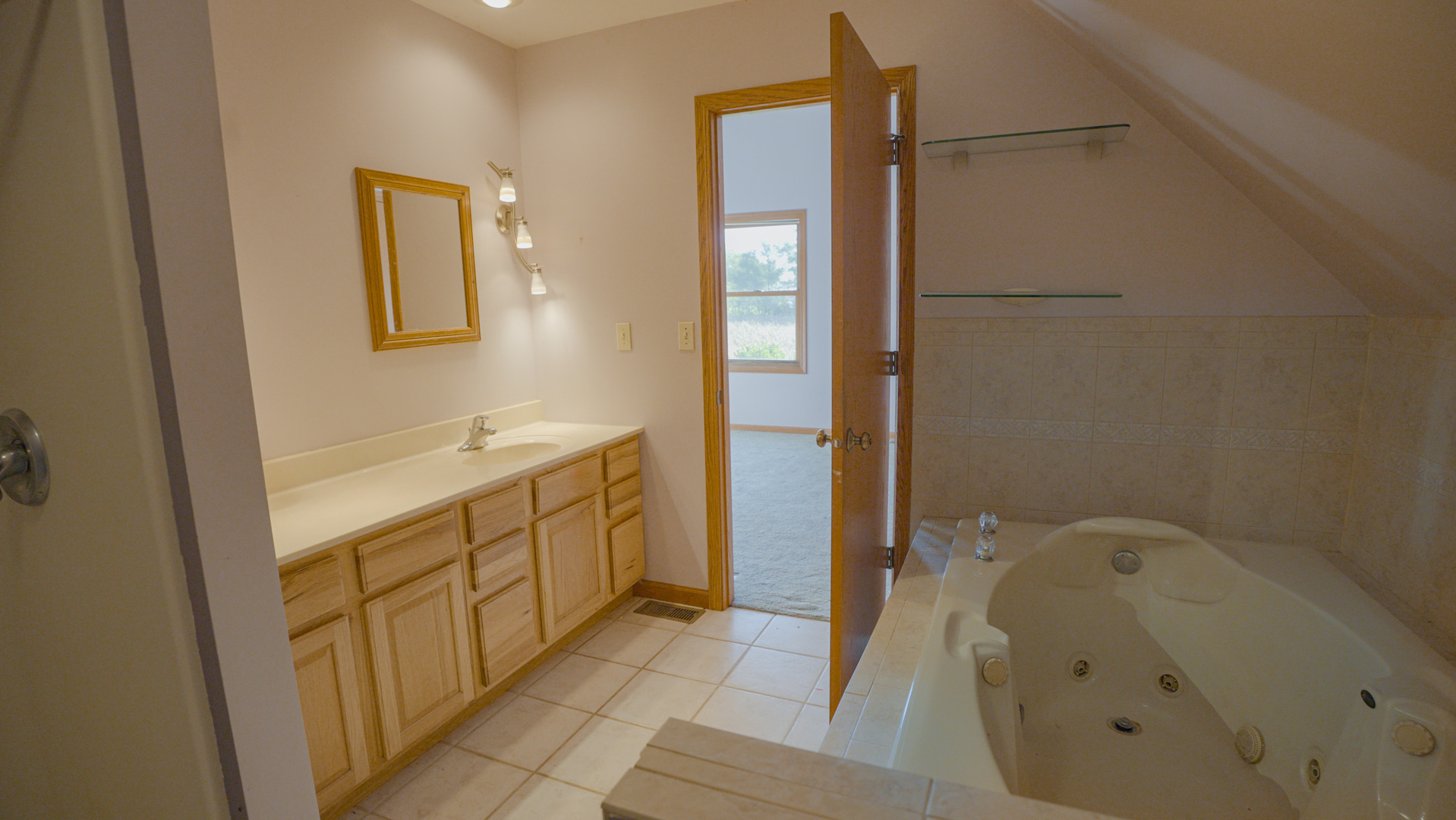 9282 East Hemstock Road Rochelle, IL 61068 - Photo 19 of 68 a spacious bathroom with a granite countertop sink a mirror and shower