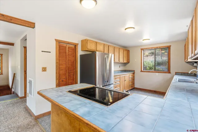 a kitchen with a refrigerator and a sink