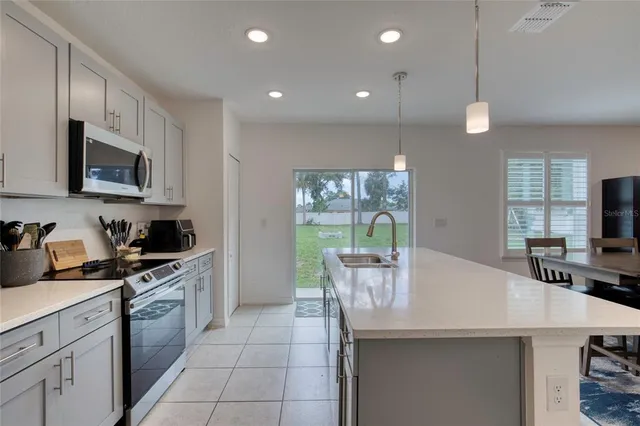 a view of a dining room with furniture