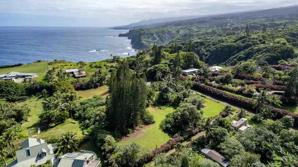 an aerial view of residential house with outdoor space and trees all around