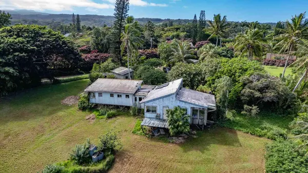 an aerial view of residential houses with outdoor space and trees